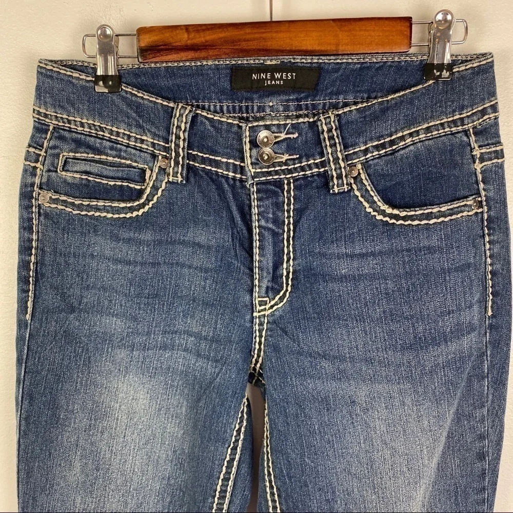 Nine West Boot Cut‎ Denim Jeans Women's 6 Button Flap Bling Pockets Thick Stitch